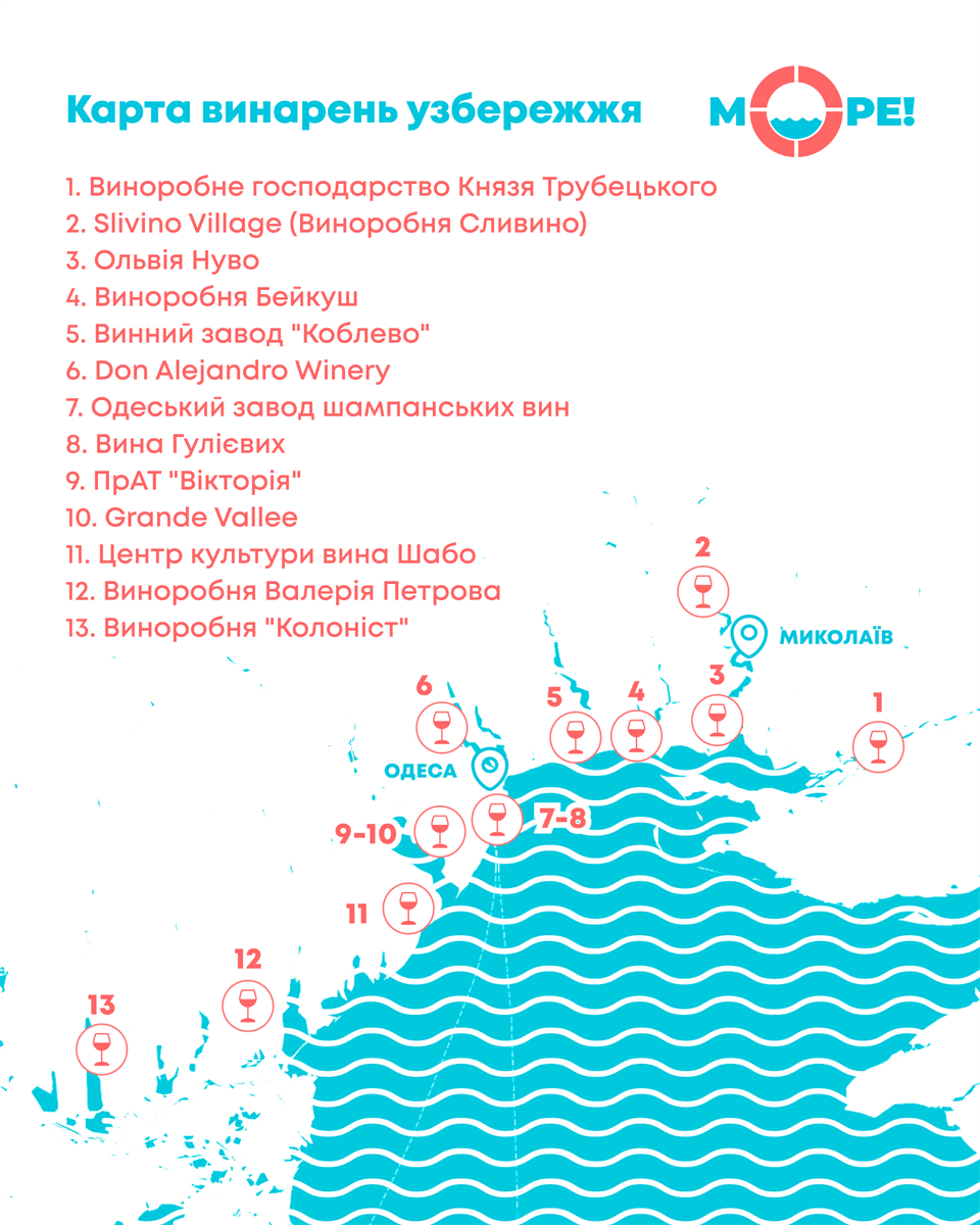Винарні України біля моря на карті