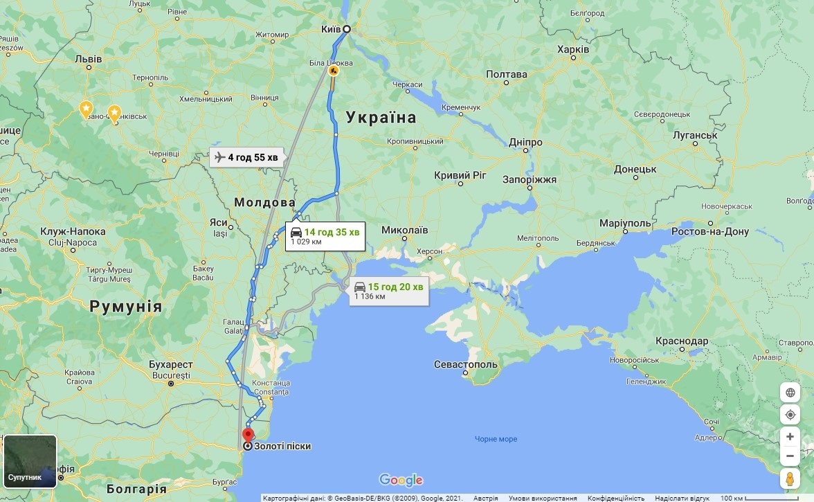Маршрут з Києва до Золотих Пісків