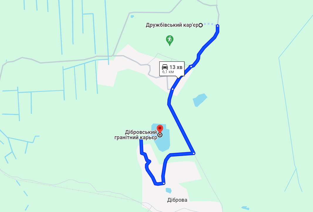 Дібровський гранітний карьєр на карті