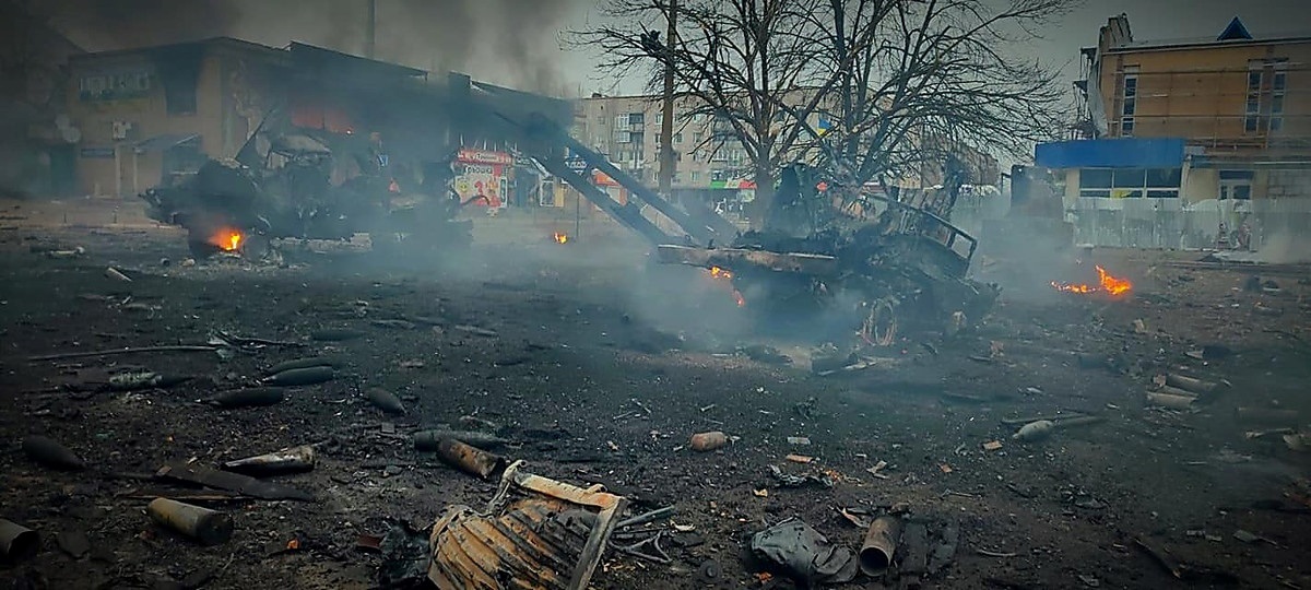 Центр міста Баштанка 1 березня 2022 року після бою з російськими окупантами