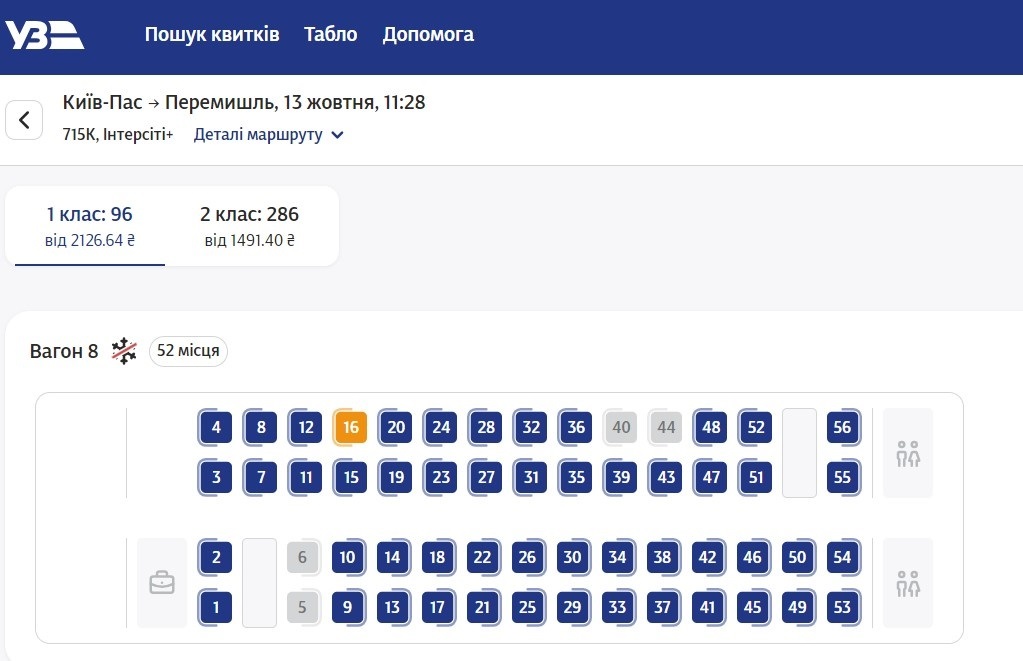 Вартість квитків залежить від класу вагона